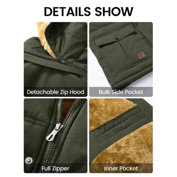 NEW Olive Green Fleece Lined Parka Jacket Faux Fur Hood Winter Coat - Picture 6 of 8